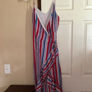Boutique dress. Wrap dress with blue, white, pink, and red stripes. Maxi